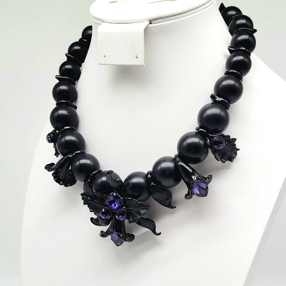 SOLD-Givenchy Amethyst Swarovski Crystal Dark Black Orchid Statement Necklace - Picture 8 of 12